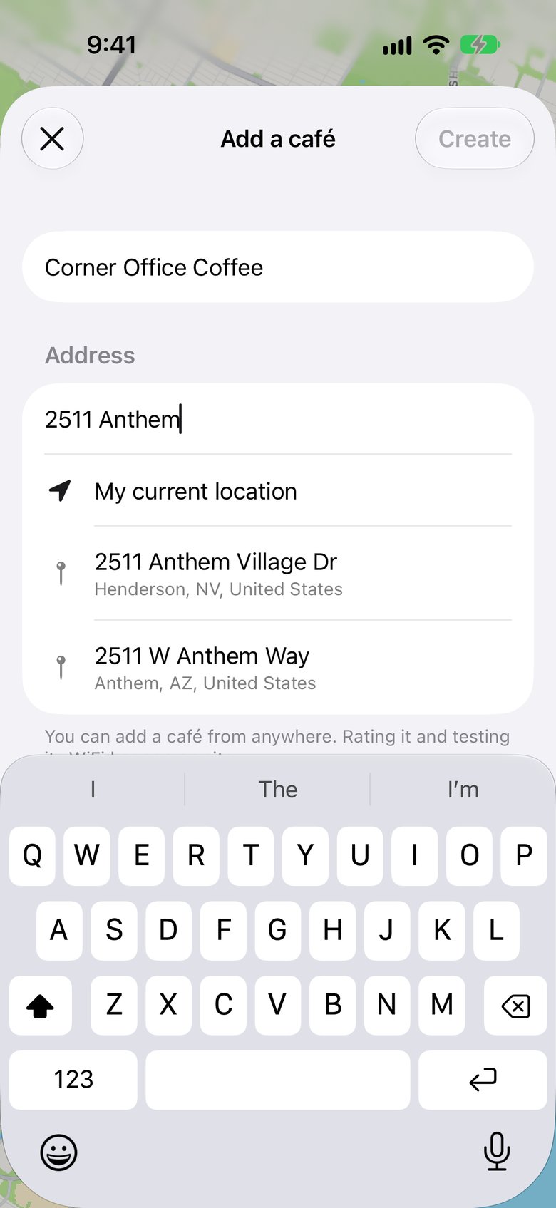 Adding a café in sPresso: its name, and an address suggested as you type.