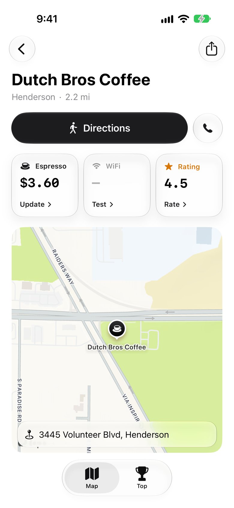 A café page in sPresso with its espresso price, WiFi and rating, and walking directions.