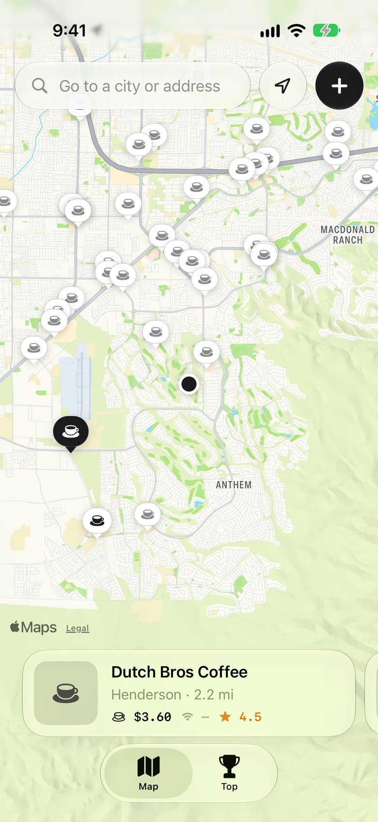 The sPresso map: cafés around you, with the nearest one highlighted at the bottom.